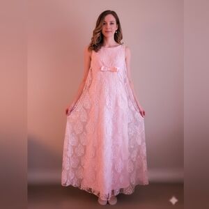 Vintage Blush Lace Maxi Dress | 1960s–Early 1970s Romantic Mod ✨